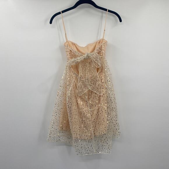 Lucy in the Sky Sequin Baby Doll Mini Dress Open Tie Bow Back Beige Womens Small - Picture 5 of 9
